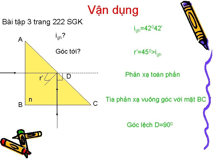 Vận dụng Bài tập 3 trang 222 SGK igh=42042’ igh? A Góc tới? r’