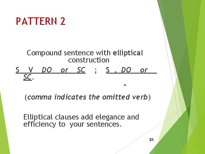 PATTERN 2 Compound sentence with elliptical construction S V DO or SC ; S