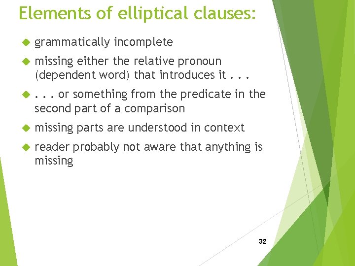 Elements of elliptical clauses: grammatically incomplete missing either the relative pronoun (dependent word) that