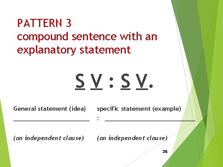 PATTERN 3 compound sentence with an explanatory statement S V : S V. General