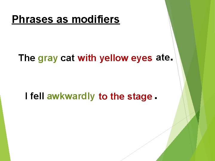 Phrases as modifiers The gray cat with yellow eyes ate. I fell awkwardly to