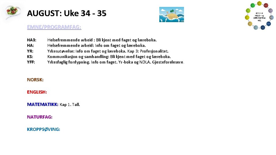 AUGUST: Uke 34 - 35 EMNE/PROGRAMFAG: HA 3: HA: YR: KS: YFF: Helsefremmende arbeid