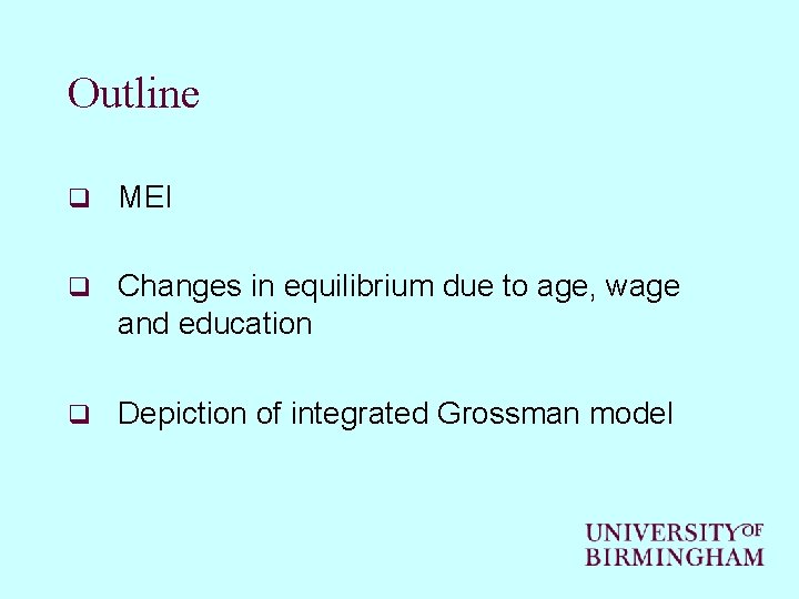 Outline q MEI q Changes in equilibrium due to age, wage and education q Outline q MEI q Changes in equilibrium due to age, wage and education q
