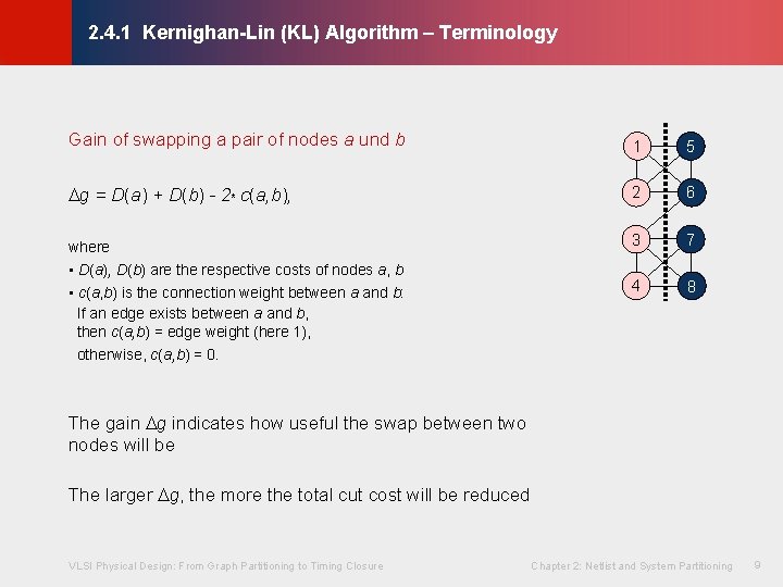 © KLMH 2. 4. 1 Kernighan-Lin (KL) Algorithm – Terminology Gain of swapping a