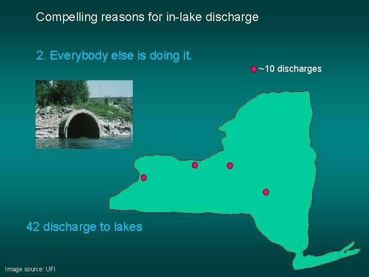 Compelling reasons for in-lake discharge 2. Everybody else is doing it. ~10 discharges 42 Compelling reasons for in-lake discharge 2. Everybody else is doing it. ~10 discharges 42