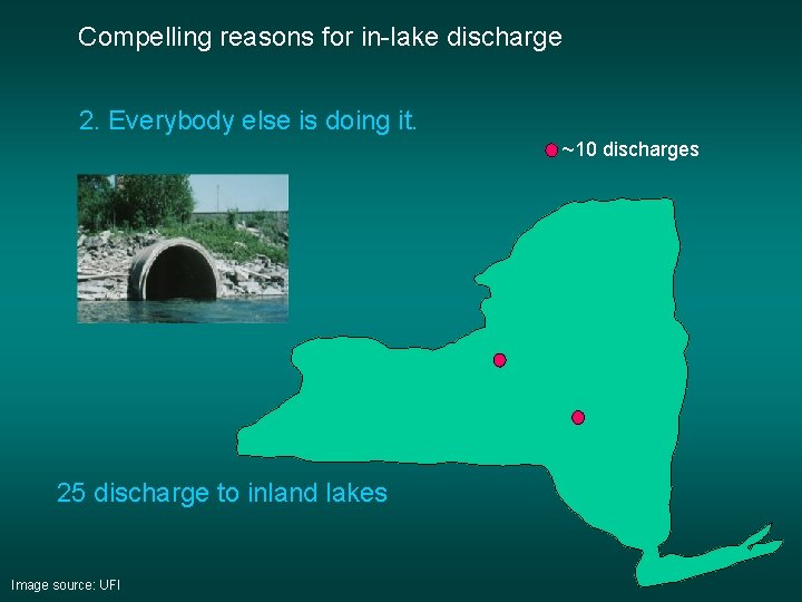 Compelling reasons for in-lake discharge 2. Everybody else is doing it. ~10 discharges 25 Compelling reasons for in-lake discharge 2. Everybody else is doing it. ~10 discharges 25