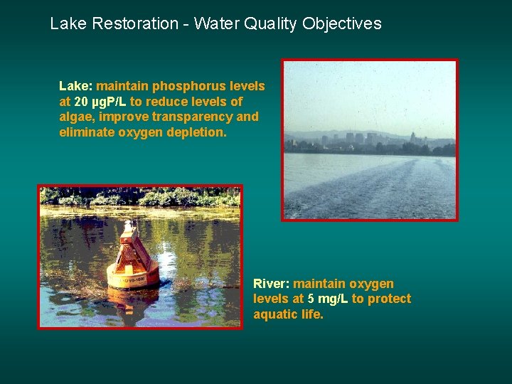 Lake Restoration - Water Quality Objectives Lake: maintain phosphorus levels at 20 µg. P/L Lake Restoration - Water Quality Objectives Lake: maintain phosphorus levels at 20 µg. P/L