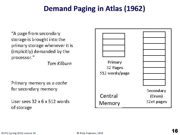 Demand Paging in Atlas (1962) “A page from secondary storage is brought into the