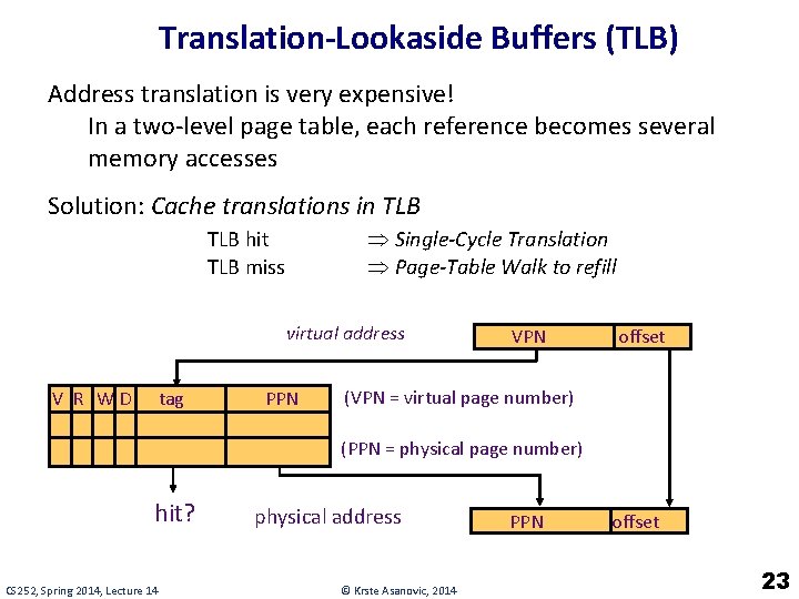 Translation-Lookaside Buffers (TLB) Address translation is very expensive! In a two-level page table, each