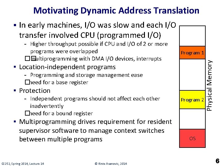 Motivating Dynamic Address Translation § In early machines, I/O was slow and each I/O