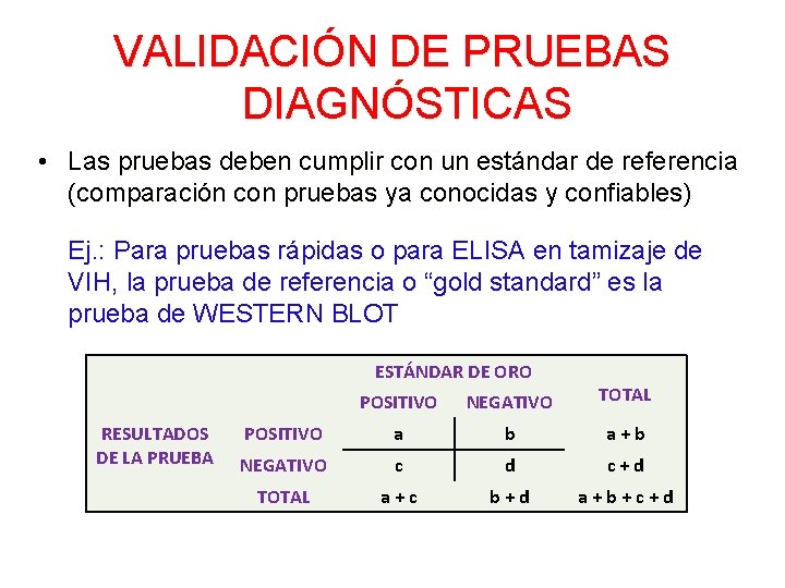 VALIDACIÓN DE PRUEBAS DIAGNÓSTICAS • Las pruebas deben cumplir con un estándar de referencia