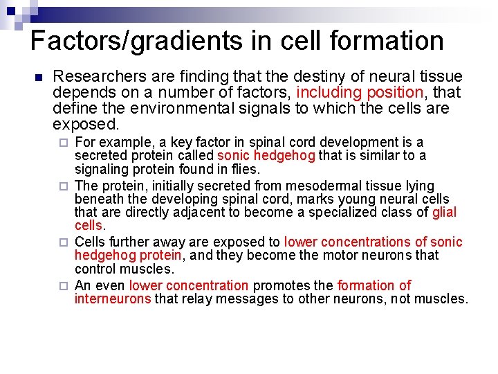 Factors/gradients in cell formation n Researchers are finding that the destiny of neural tissue