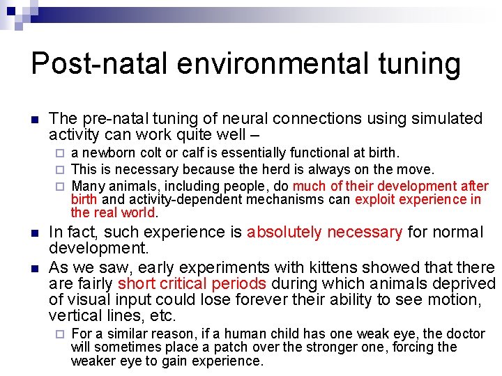 Post-natal environmental tuning n The pre-natal tuning of neural connections using simulated activity can