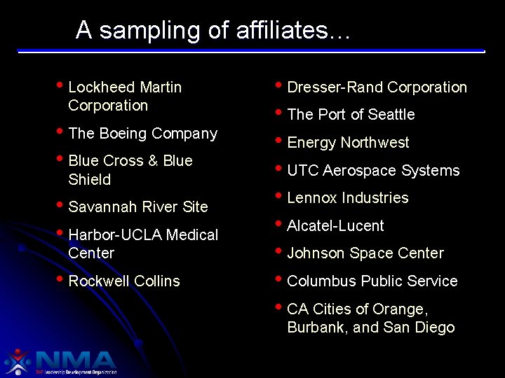 A sampling of affiliates… • Lockheed Martin Corporation • The Boeing Company • Blue