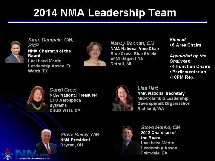 2014 NMA Leadership Team Kiran Dambala, CM, PMP NMA Chairman of the Board Lockheed