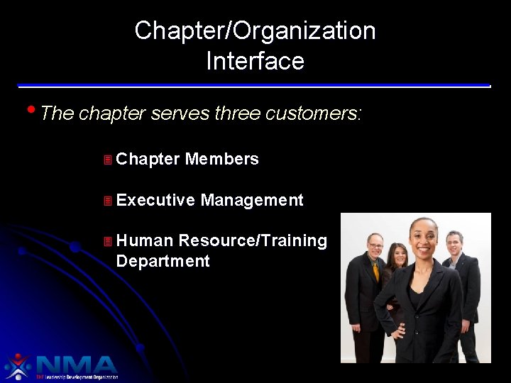 Chapter/Organization Interface • The chapter serves three customers: 3 Chapter Members 3 Executive 3