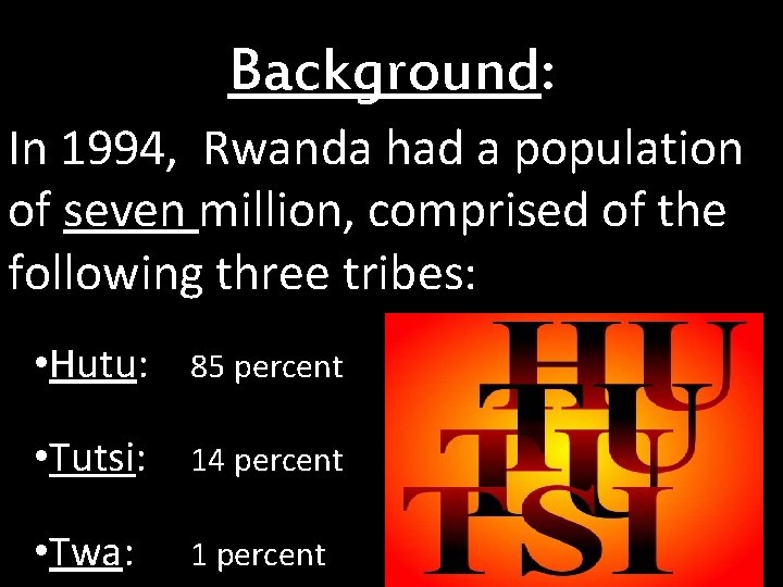 Background: In 1994, Rwanda had a population of seven million, comprised of the following Background: In 1994, Rwanda had a population of seven million, comprised of the following