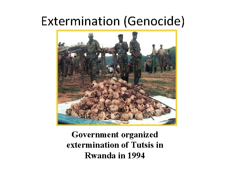 Extermination (Genocide) Government organized extermination of Tutsis in Rwanda in 1994 Extermination (Genocide) Government organized extermination of Tutsis in Rwanda in 1994