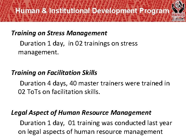 Human & Institutional Development Program Training on Stress Management Duration 1 day, in 02