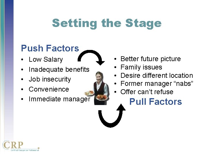 Setting the Stage Push Factors • • • Low Salary Inadequate benefits Job insecurity Setting the Stage Push Factors • • • Low Salary Inadequate benefits Job insecurity