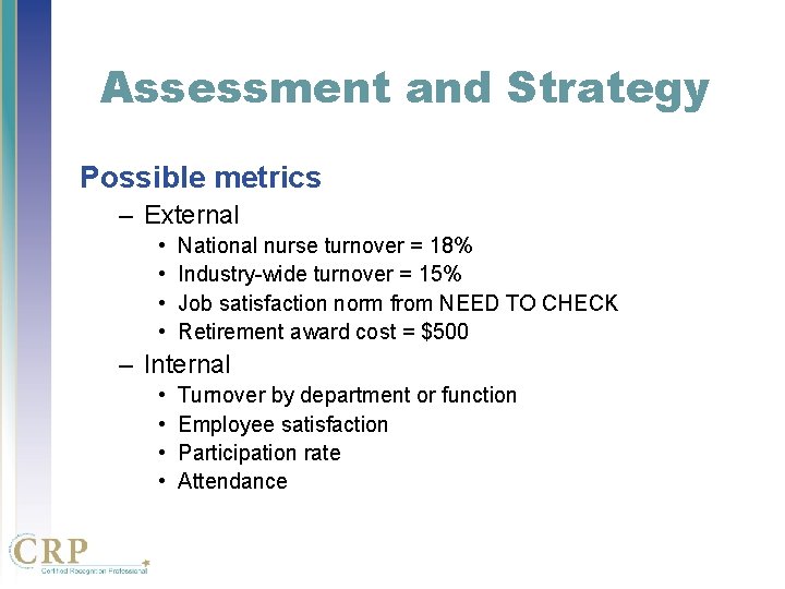 Assessment and Strategy Possible metrics – External • • National nurse turnover = 18% Assessment and Strategy Possible metrics – External • • National nurse turnover = 18%