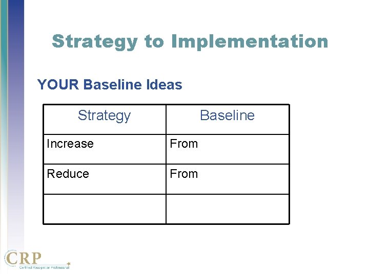 Strategy to Implementation YOUR Baseline Ideas Strategy Baseline Increase From Reduce From Strategy to Implementation YOUR Baseline Ideas Strategy Baseline Increase From Reduce From