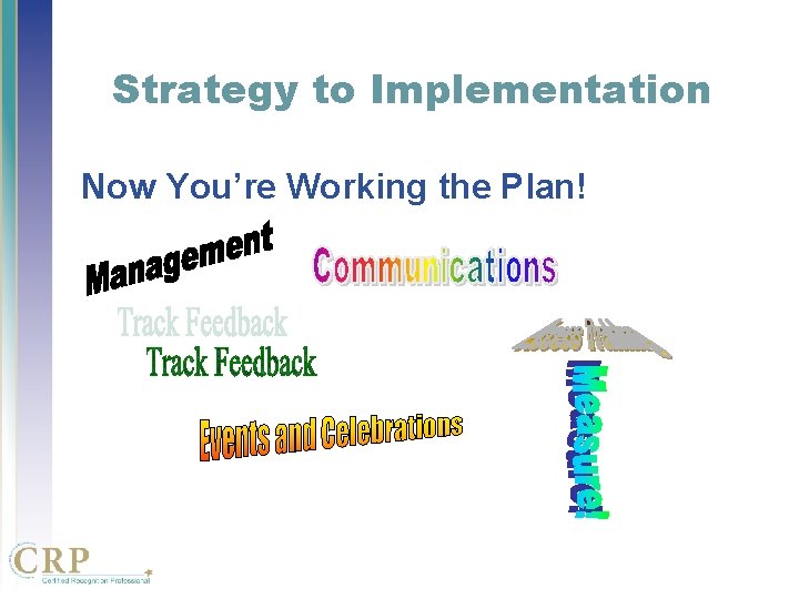 Strategy to Implementation Now You’re Working the Plan! Strategy to Implementation Now You’re Working the Plan!