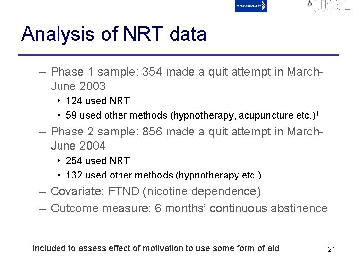 Analysis of NRT data – Phase 1 sample: 354 made a quit attempt in