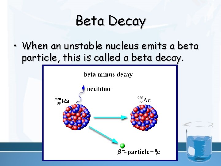 Beta Decay • When an unstable nucleus emits a beta particle, this is called