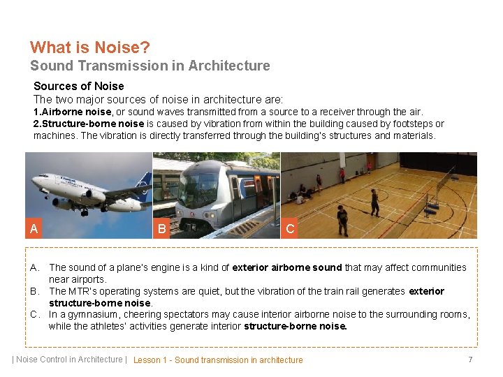 What is Noise? Sound Transmission in Architecture Sources of Noise The two major sources