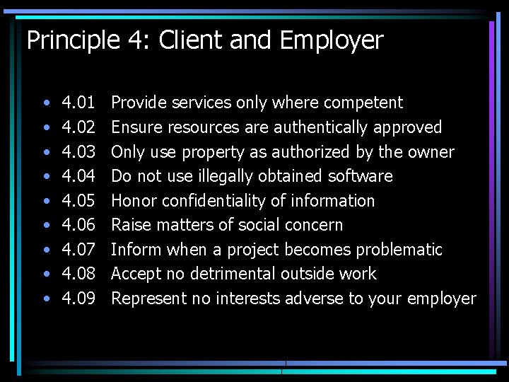 Principle 4: Client and Employer • • • 4. 01 4. 02 4. 03