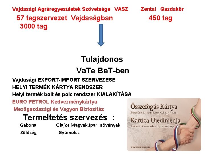 Vajdasági Agráregyesületek Szövetsége VASZ Zentai Gazdakör 57 tagszervezet Vajdaságban 450 tag 3000 tag Tulajdonos Vajdasági Agráregyesületek Szövetsége VASZ Zentai Gazdakör 57 tagszervezet Vajdaságban 450 tag 3000 tag Tulajdonos