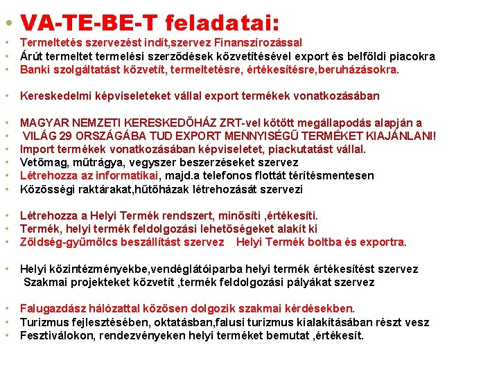  • VA-TE-BE-T feladatai: • Termeltetés szervezést indít, szervez Finanszírozással • Árút termeltet termelési