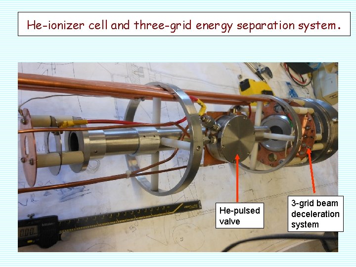 He-ionizer cell and three-grid energy separation system. He-pulsed valve 3 -grid beam deceleration system