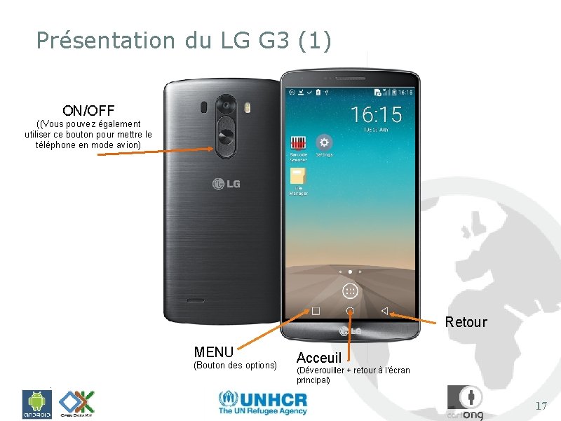 Présentation du LG G 3 (1) ON/OFF ((Vous pouvez également utiliser ce bouton pour
