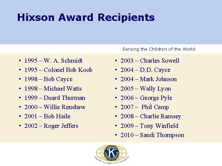 Hixson Award Recipients Serving the Children of the World • • 1995 – W. Hixson Award Recipients Serving the Children of the World • • 1995 – W.