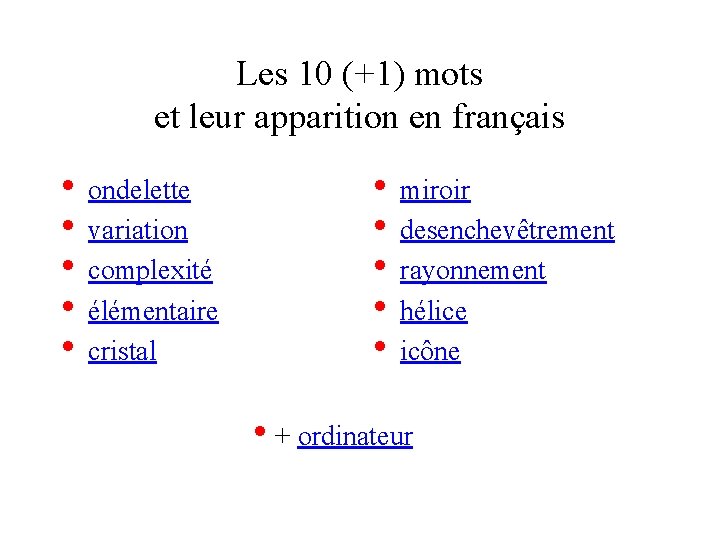 Les 10 (+1) mots et leur apparition en français • ondelette • variation •