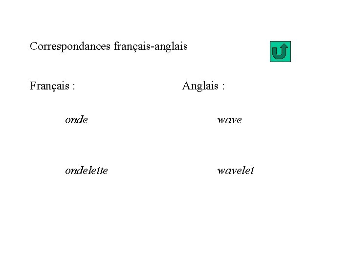 Correspondances français-anglais Français : Anglais : onde wave ondelette wavelet 