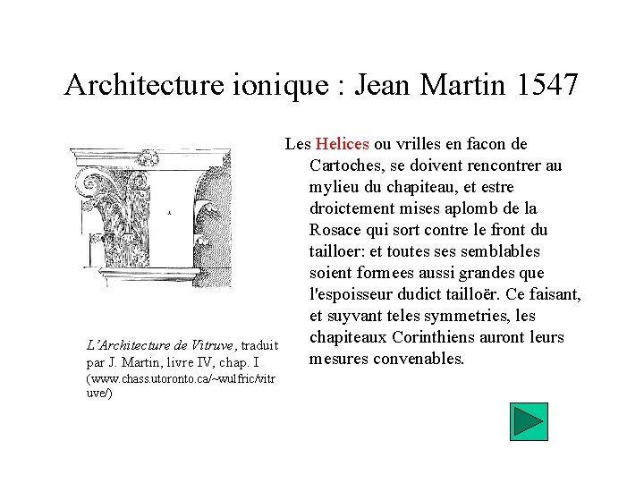 Architecture ionique : Jean Martin 1547 Les Helices ou vrilles en facon de Cartoches,