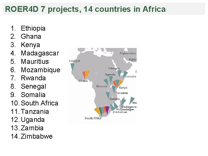 ROER 4 D 7 projects, 14 countries in Africa 1. Ethiopia 2. Ghana 3.