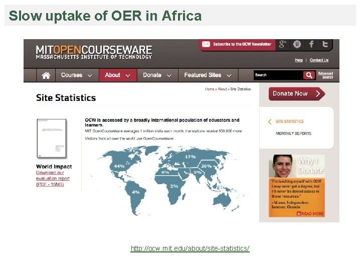 Slow uptake of OER in Africa http: //ocw. mit. edu/about/site-statistics/ 