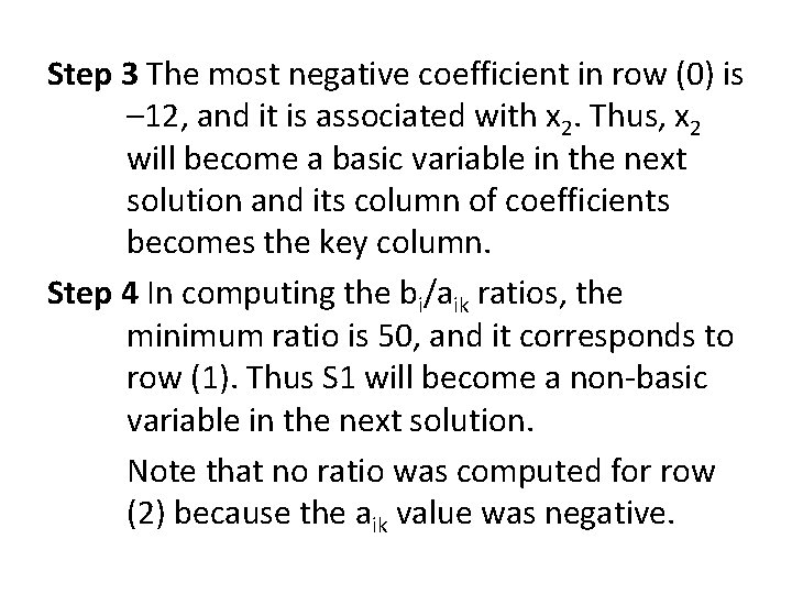 Step 3 The most negative coefficient in row (0) is – 12, and it