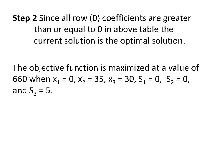 Step 2 Since all row (0) coefficients are greater than or equal to 0