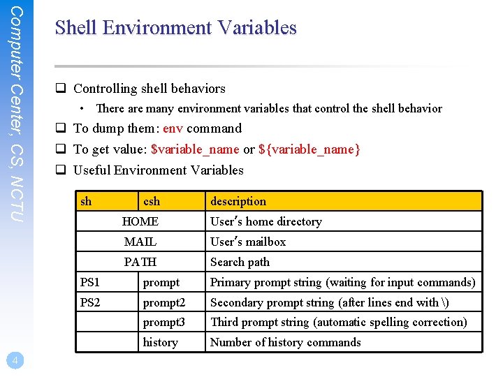 Computer Center, CS, NCTU 4 Shell Environment Variables q Controlling shell behaviors • There