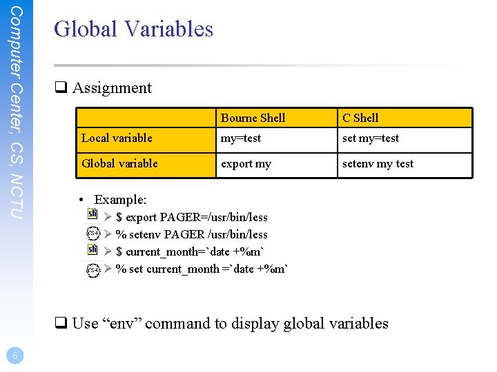 Computer Center, CS, NCTU Global Variables q Assignment Bourne Shell C Shell Local variable