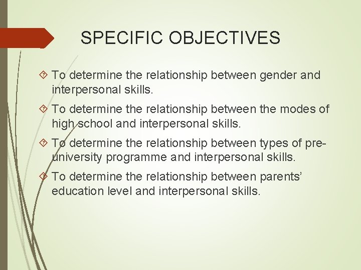 SPECIFIC OBJECTIVES To determine the relationship between gender and interpersonal skills. To determine the