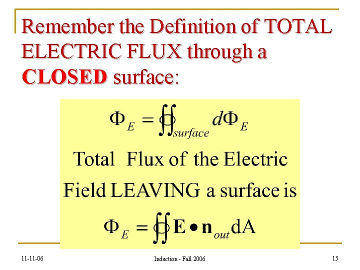 Remember the Definition of TOTAL ELECTRIC FLUX through a CLOSED surface: 11 -11 -06