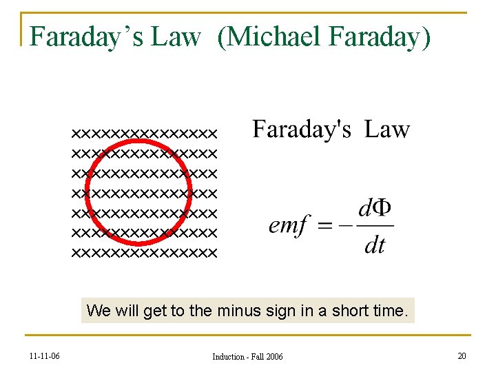 Faraday’s Law (Michael Faraday) xxxxxxxxxxxxxxx xxxxxxxxxxxxxxx We will get to the minus sign in