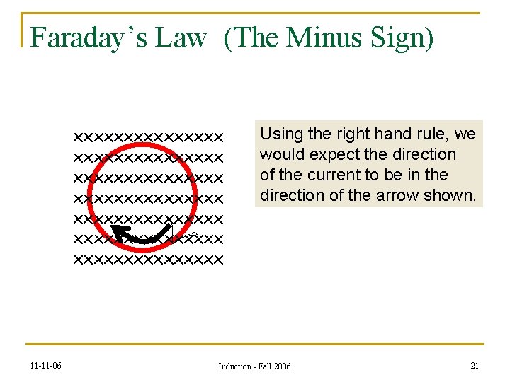 Faraday’s Law (The Minus Sign) xxxxxxxxxxxxxxx xxxxxxxxxxxxxxx 11 -11 -06 Using the right hand