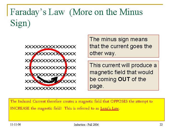 Faraday’s Law (More on the Minus Sign) xxxxxxxxxxxxxxx xxxxxxxxxxxxxxx The minus sign means that